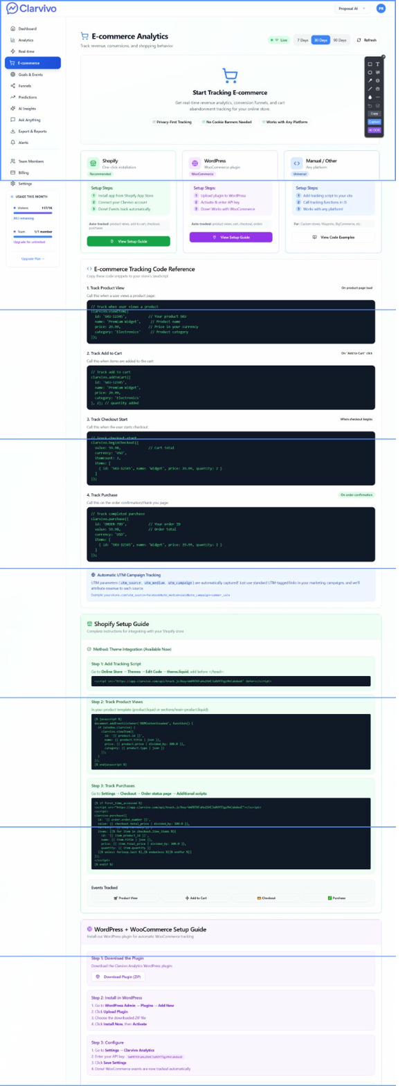 Clarvivo e-commerce setup guide showing manual Shopify Web Pixel and WooCommerce plugin options with code snippets